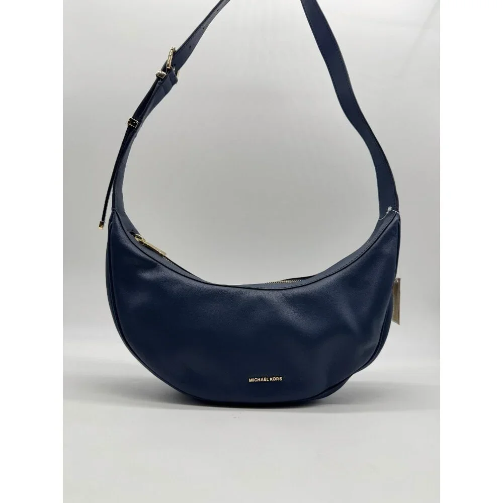 MICHAEL KORS Avra leather crescent sling shoulder bag- Navy
